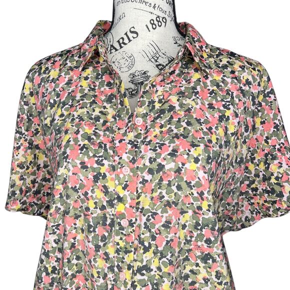 Nine West (M) Floral Button Up Front Tie Collared Short Sleeve Shirt Blouse Top - Picture 6 of 12